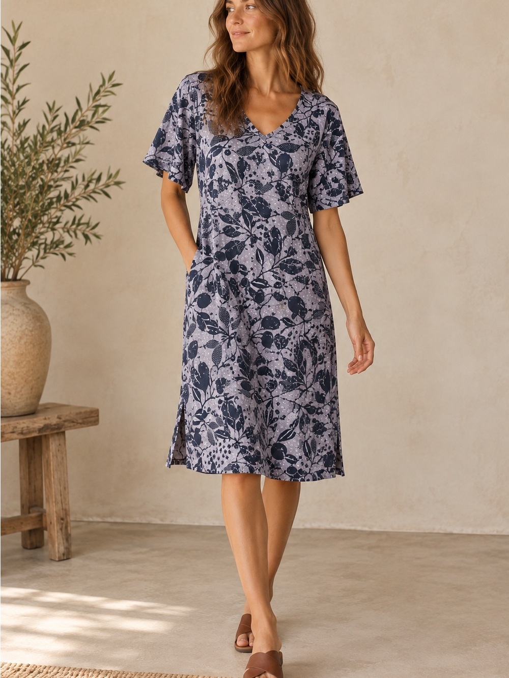 Gudrun Sjodén Julie Organic Cotton Voile Botanic Midi Dress Pockets Lagenlook LG